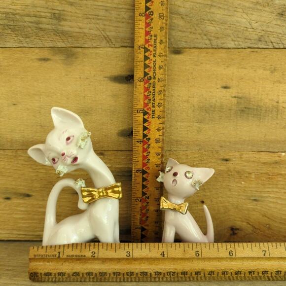 Vintage 1950s Thames Ceramic Spaghetti Cats Figurines Rhinestone Eyes Gold Bows - Picture 10 of 10